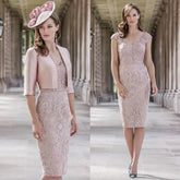 Classic Pale Pink Two Pieces Mother of the Bride Dress Lace Short Mother Gowns Knee Length Wedding Party Dress with Jacket